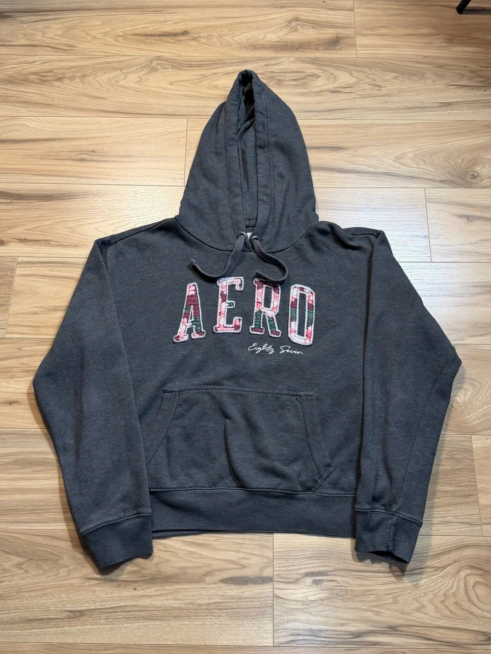 Aeropostale Dark Grey Crewneck Hoodie with Floral 'AERO' Logo